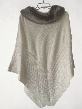 Talbots Cream Cable-Knit Poncho with Faux Fur Trim